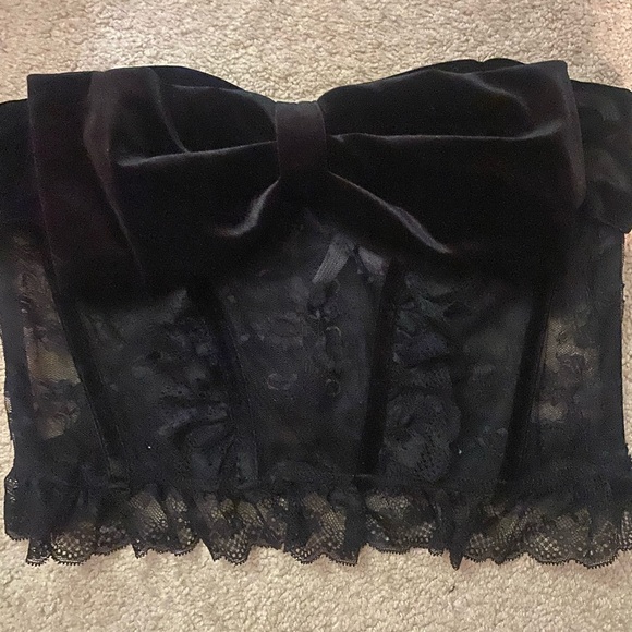 out from under Tops - Black Lace Strapless corset with Velvet Bow
